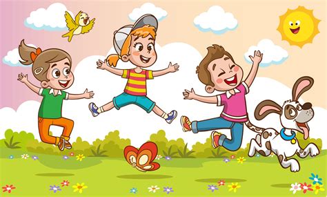 Happy Little Kids Having Fun. vector illustration of cute kids jumping ...