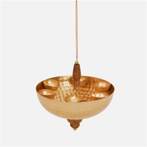 Golden Metal & Wooden Hanging With 6 Diyas – DecorTwist