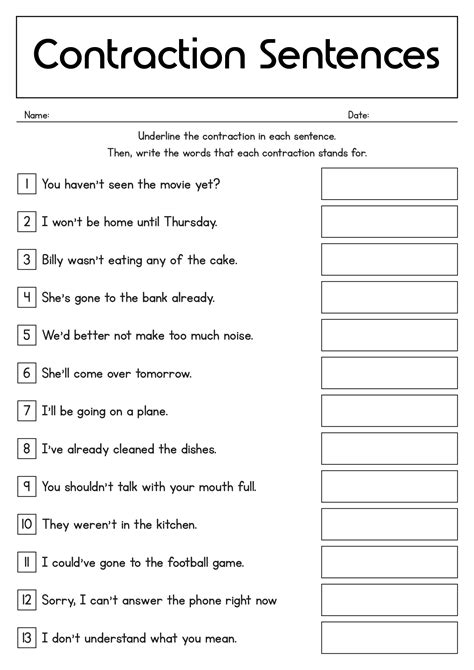 12 Contractions Using Not Worksheets - Free PDF at worksheeto.com