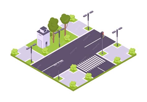 Isometric city crossroad street road with traffic lights road sign ...