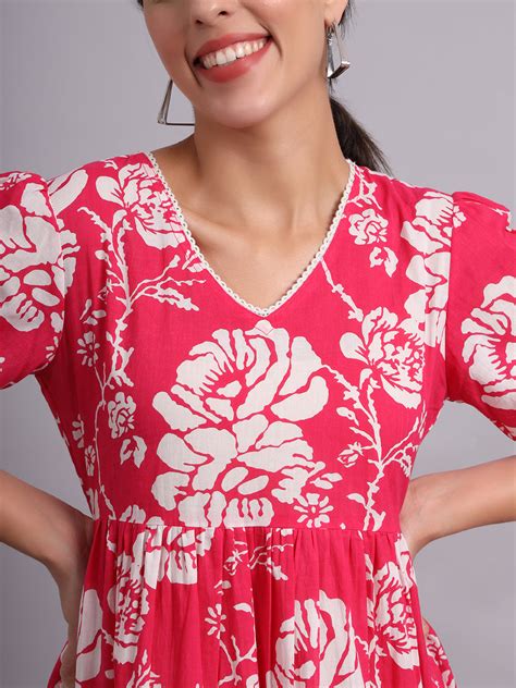 Floral Printed V-Neck Gathered Cotton Empire Midi Dress – Decked Up