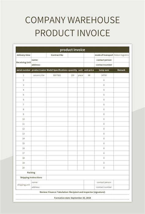 Company Warehouse Product Invoice Excel Template And Google Sheets File ...
