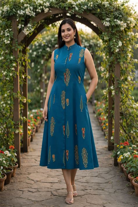 Women Teal Blue Floral Printed Ethnic Fusion Collection Middy – House ...