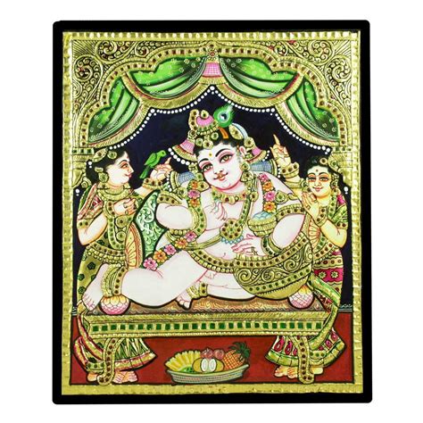 22ct Gold Handmade Lord Krishna Eating Butter Tanjore Painting