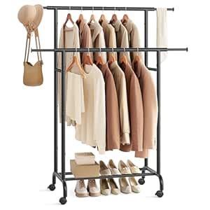 SONGMICS Clothes Rail, Double Clothes Rack on Wheels, Extendable ...