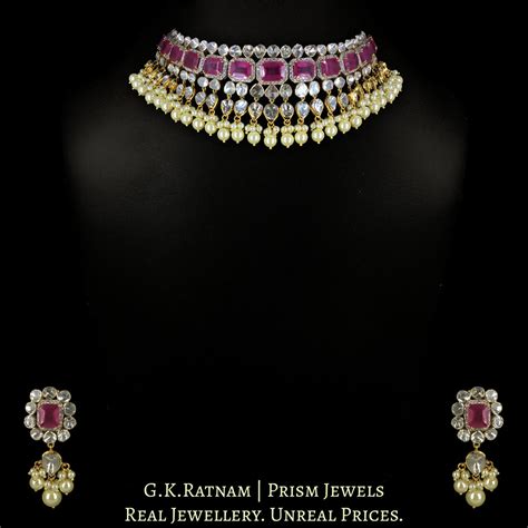 14k Gold And Diamond Polki Open Setting Choker Necklace Set with facet ...