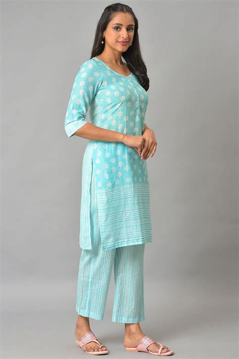 Buy Blue Polka Dots Printed Cotton kurta With Narrow Palaza Online for ...