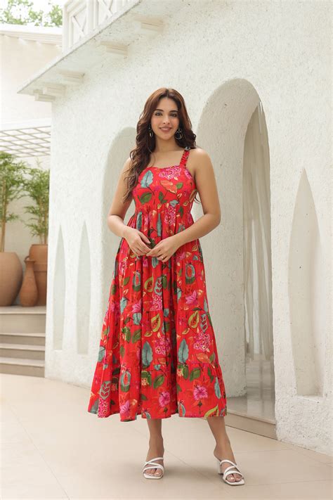 Women's Floral Printed Fit & Flare Midi Ethnic Dresses – Rain & Rainbow