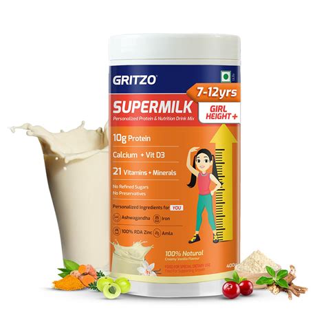 Buy Gritzo SuperMilk Height+ (7-12y Girls), 10g Protein Powder (Creamy ...
