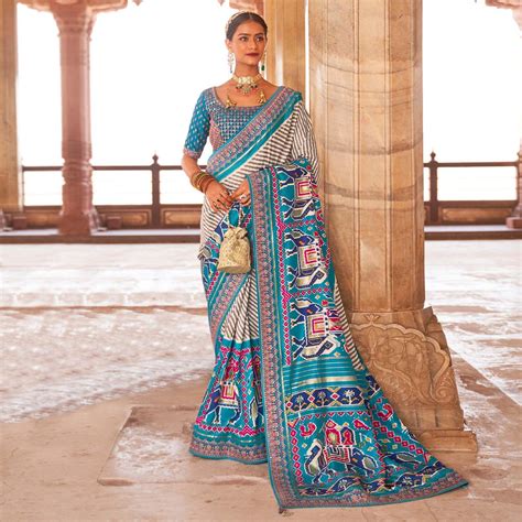 Light Blue & Off White Patola Printed-Sequence Embroidered Pure Silk Saree