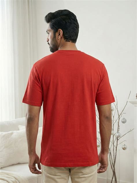 Red Round Neck Short Sleeve Cotton Print T-Shirt for Men