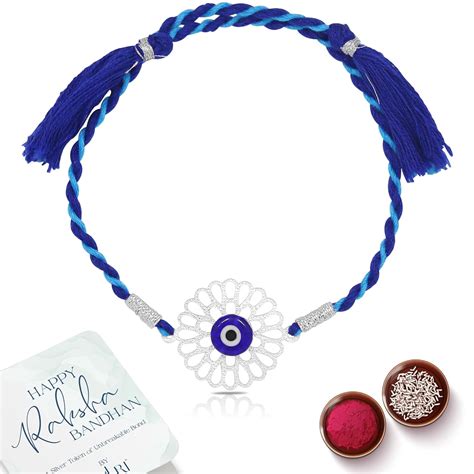 Buy ZULRI Unisex-Adult 925 Sterling Silver Evil Eye Cotton Thread Rakhi ...