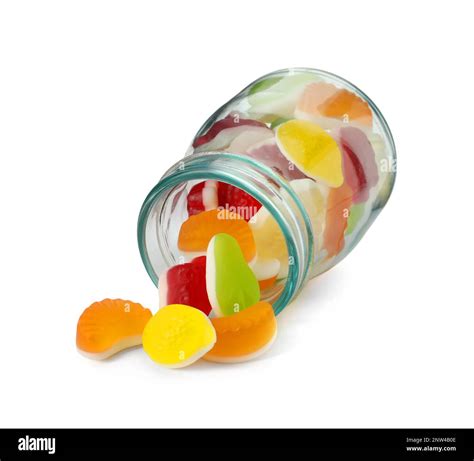 Delicious gummy fruit shaped candies in jar isolated on white Stock ...