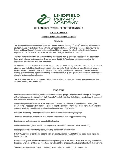 Child Lesson Observation Report - LESSON OBSERVATION REPORT SPRING 2016 ...