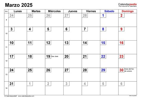 Calendario marzo 2025 en PDF, Excel y Word | Calendarpedia