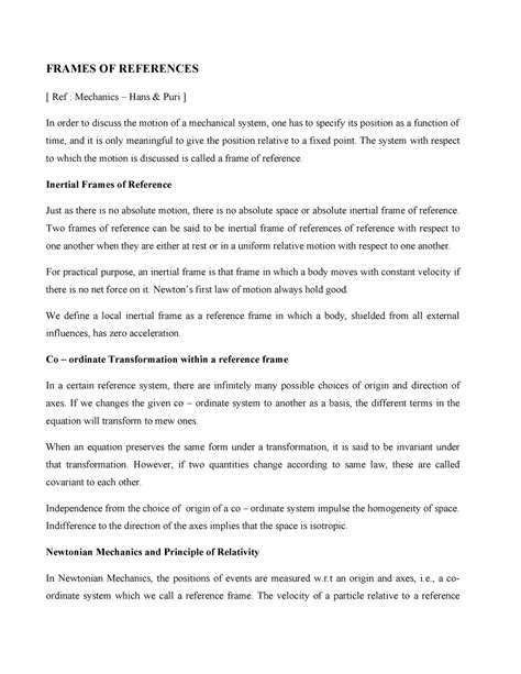 Frames of references - notes - FRAMES OF REFERENCES [ Ref : Mechanics ...