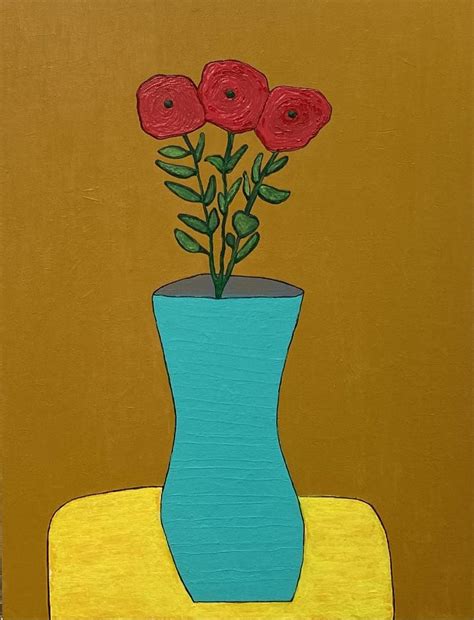 Red Flowers with Teal Vase Painting by Betty Refour | Saatchi Art