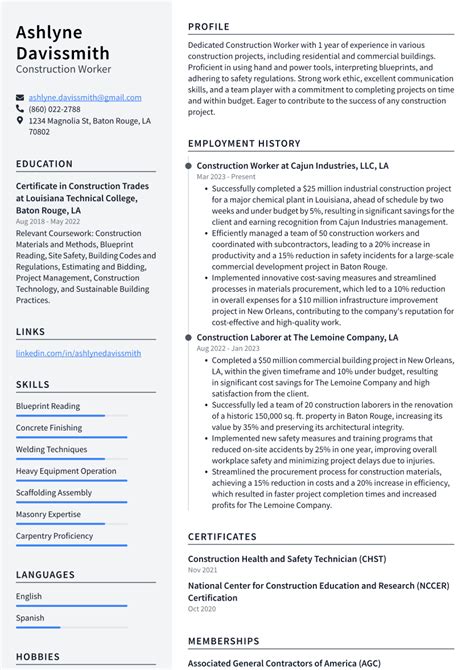 Image result for Construction Worker Resume Examples