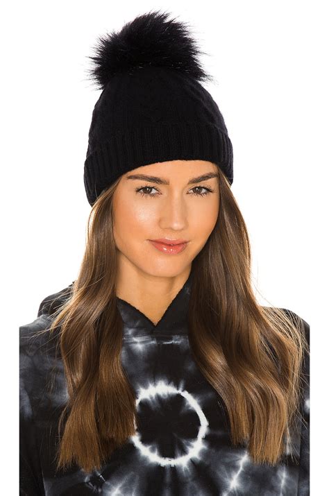 White + Warren Cable Beanie With Faux Pom in Black & Black | REVOLVE