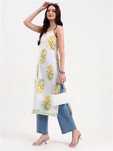 White Floral Print Cotton Straight Kurta – Yufta Store