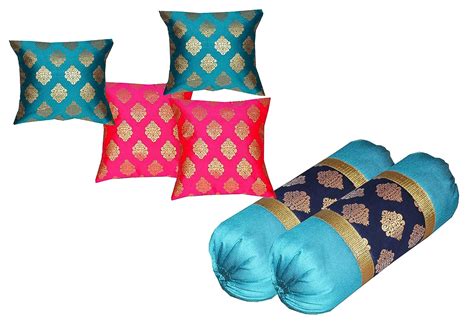 Buy PINK PARROT Dupian Silk 16x16 Inch Set of 5 Cushion Cover and 12x26 ...