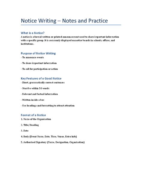 Notice Writing: Purpose, Format, and Practice Exercises - Studocu