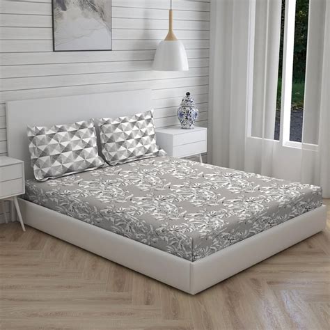 Buy LAYERS Illuminating Homes Grey Printed Cotton Queen Bedsheet Set ...