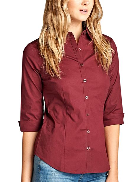 Womens Classic Solid 3/4 Sleeve Button Down Blouse Dress Shirt - KOGMO