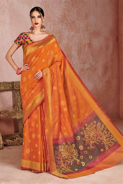 Buy Womens Linen Orange Saree With Blouse Piece online-Karagiri