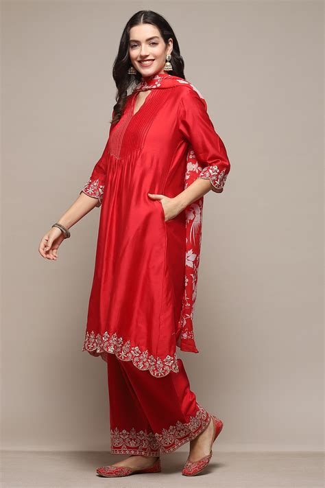 Red Chanderi Straight Kurta Suit Set at Biba India