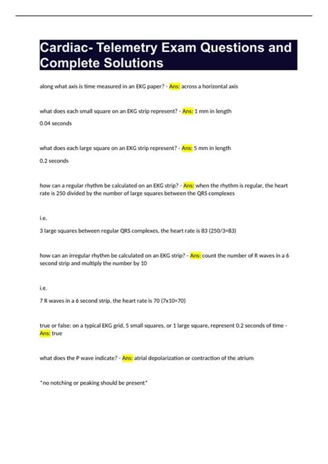 Cardiac- Telemetry Exam Questions and Complete Solutions - Medical Surgical Telemetry - Stuvia US