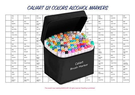 Digital PDF Caliart 121 Colors Artist Alcohol Markers Swatch Template ...
