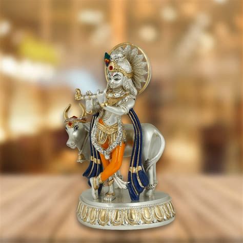 Pure Silver Plated Lord Krishna with Cow Idol – Spiritual Home Décor ...