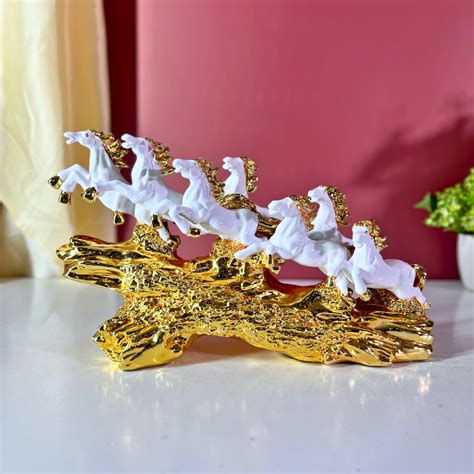 Buy 7 Running Horses Statue White Gold Polyresin Online India — THE ...