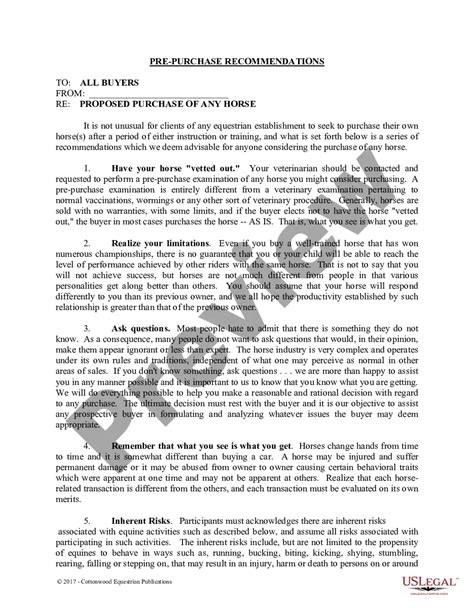 Maryland Pre-Purchase Recommendations - Horse Equine Forms | US Legal Forms