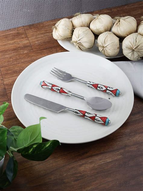Red White Ceramic Handle Steel Spoon, Knife and Fork Cutlery Set of 3 ...