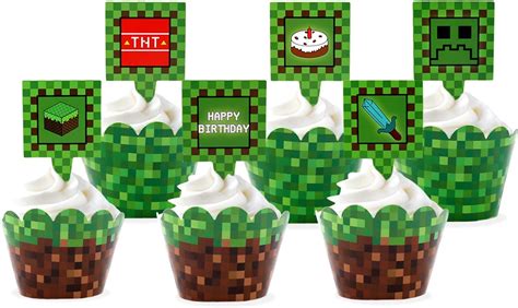 24 Pcs Pixel Cupcake Toppers and Wrapper Happy India | Ubuy