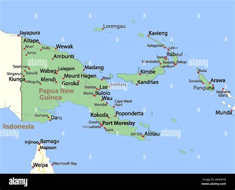 Map of Papua New Guinea. Shows country borders, urban areas, place names and roads. Labels in ...