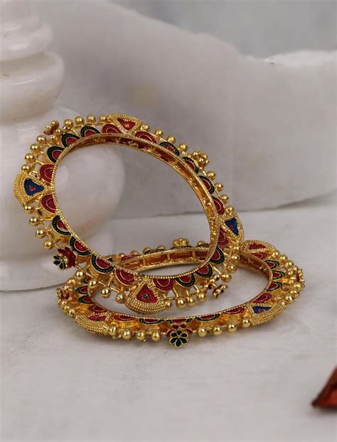Set of 2 Gold Plated Red and Blue Colored Embellished Bangles – Priyaasi