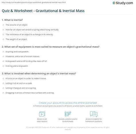 Quiz & Worksheet - Gravitational & Inertial Mass | Study.com