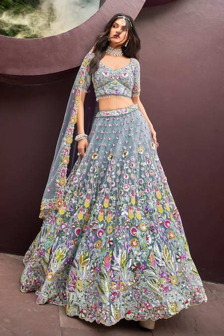 Buy Blue Net Embroidered Stone Leaf Garden Thread Lehenga Set For Women ...
