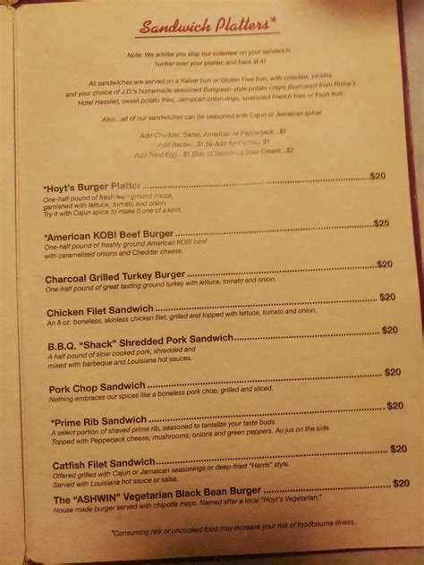 Menu at J.D. Hoyt's Supper Club, Minneapolis