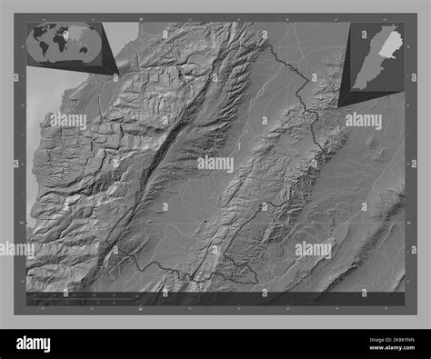 Baalbek-Hermel, governorate of Lebanon. Bilevel elevation map with lakes and rivers. Corner ...