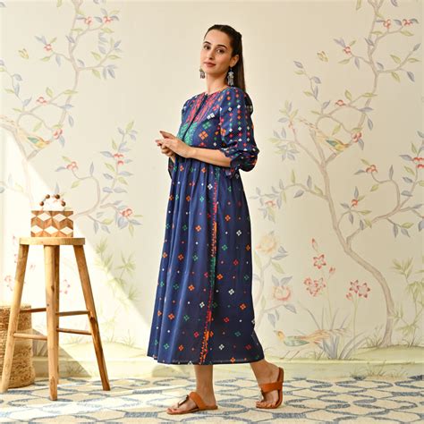 Buy Navy Blue Jamdani Inspired Cotton Dress with Front Tie Up Detail ...