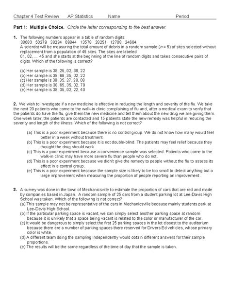 Practice Test U4 - Chapter 4 Test Review AP Statistics Name Period Part ...