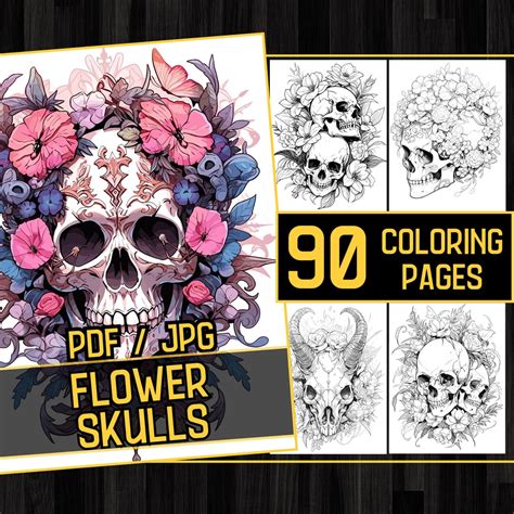 Flower Skulls 90 Coloring Page Book, Adults Kids Instant Download ...