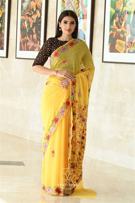 Yellow Hand Embroidered Kashmiri Saree – Beatitude
