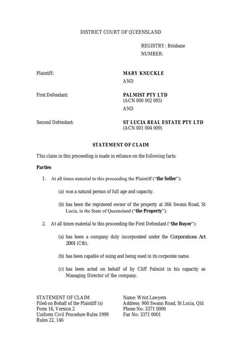 Civil Procedure Assignment - Statement of Claim | LAWS4701 - Civil ...