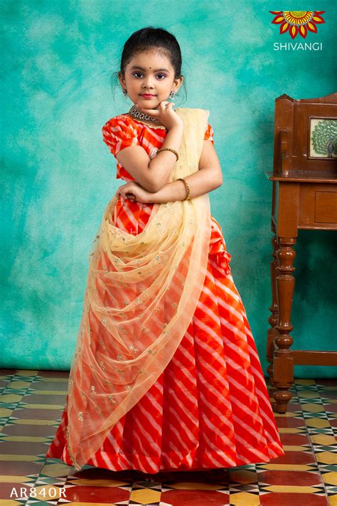 New Organza Model Langa design for Girls-Orange-Lehenga