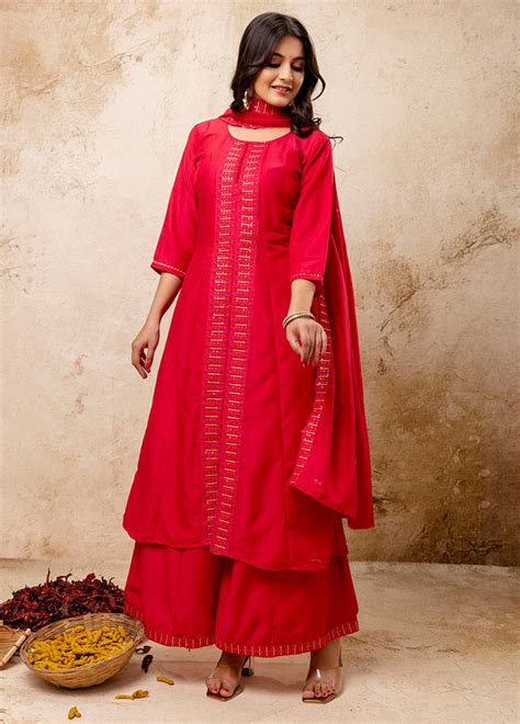 3 Pc Pink Readymade Silk Dupatta Suit Set